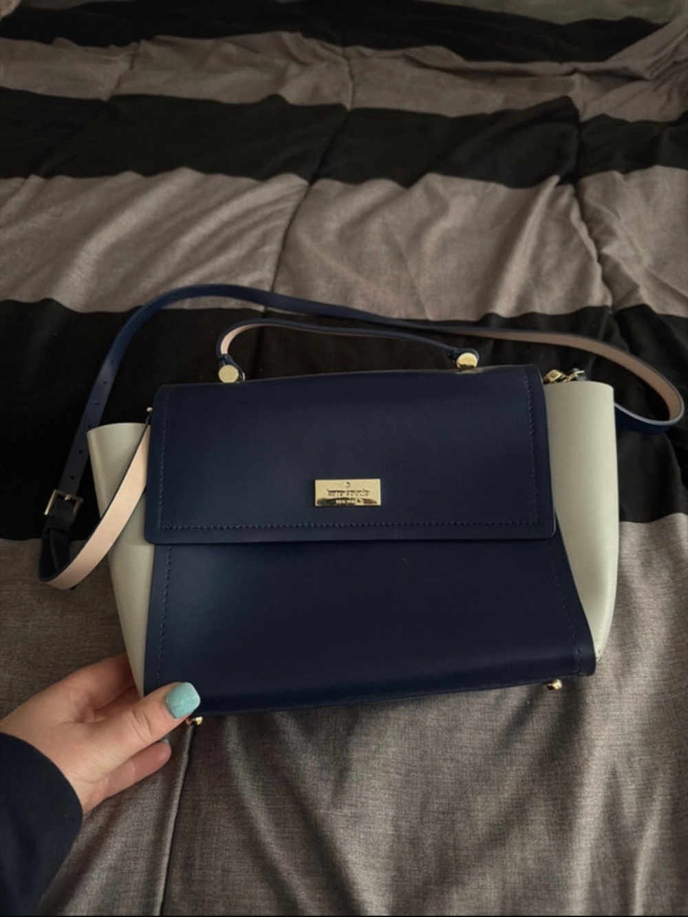 kate spade Navy and Cream Structured Top-Handle Satchel with Pale Pink Strap